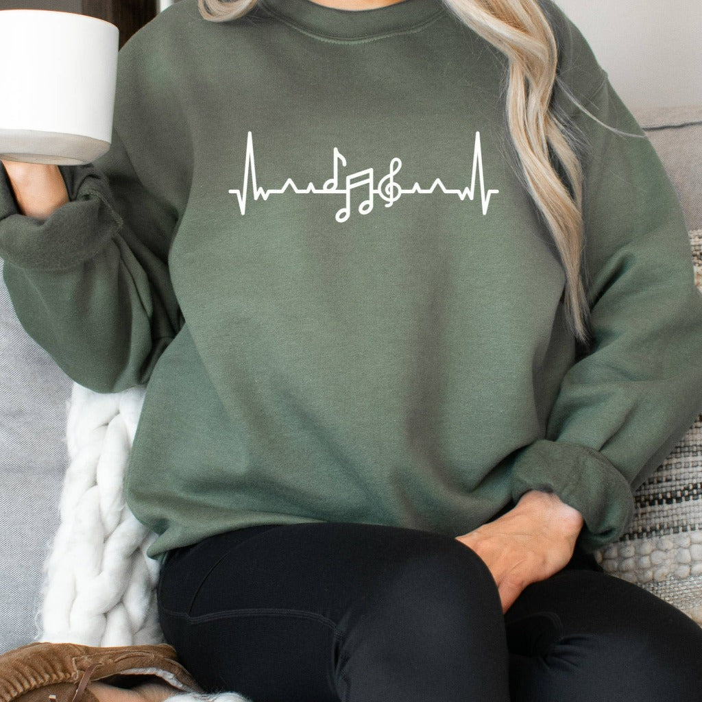 Music Teacher Heartbeat Sweatshirt, Musical Notes Crewneck, Gift for Musician