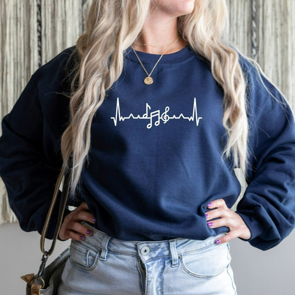Music Teacher Heartbeat Sweatshirt, Musical Notes Crewneck, Gift for Musician