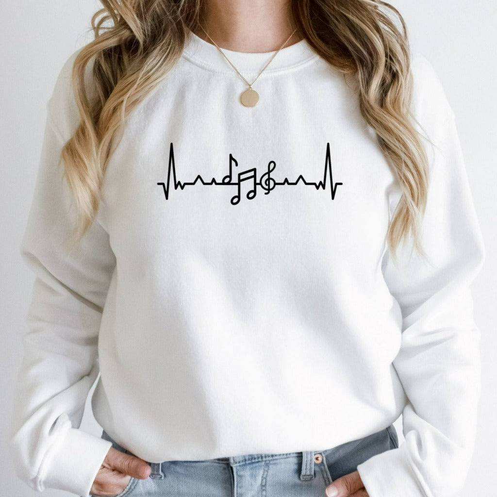 Music Teacher Heartbeat Sweatshirt, Musical Notes Crewneck, Gift for Musician