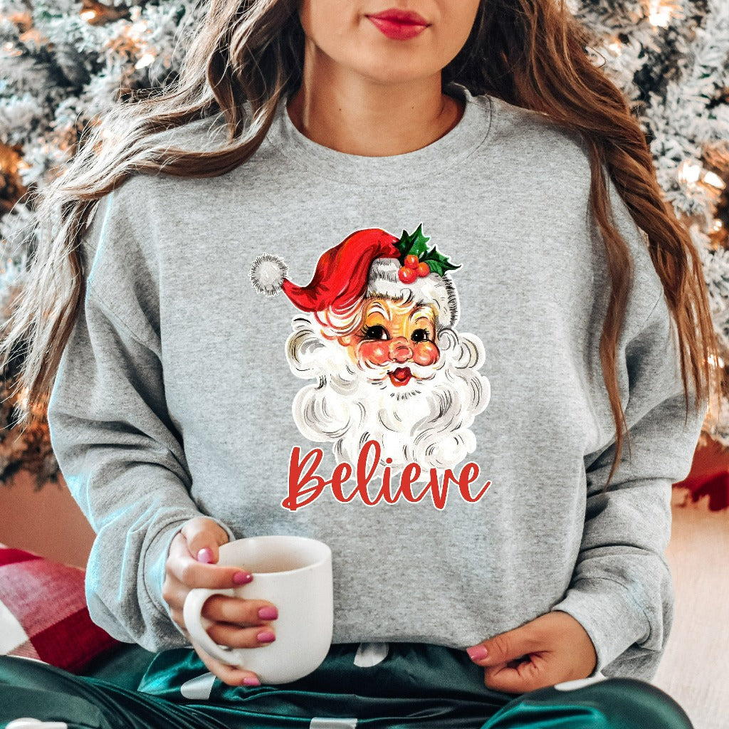 Believe Santa Christmas Sweatshirt, Retro Womens Christmas Sweater, Vintage Santa Crewneck Pullover, Holiday Gift
